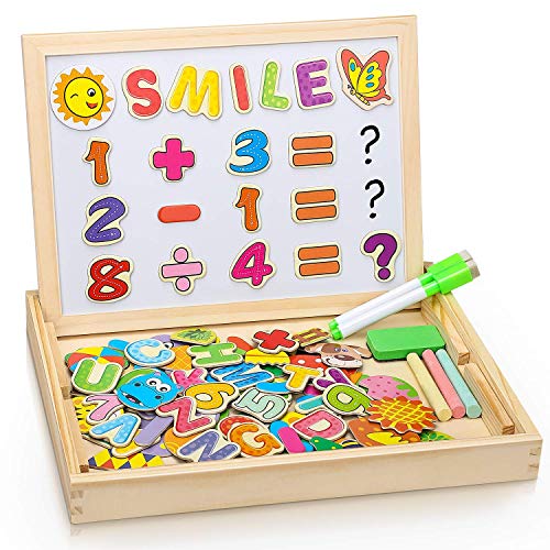 COOLJOY Puzzles Rompecabezas Magnéticos de Madera Juguete Educativo Tablero de Dibujo de Doble Cara para Mayores de 3 Años - Acerca de 100 Piezas (Número y Letra)