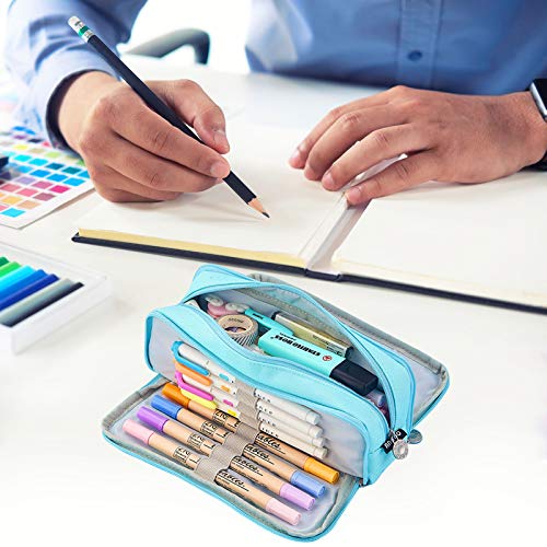 Coolzon Estuche Escolar con 3 Compartimentos, Estuches de Lápices de Gran Capacidad Estuche Organizador Portalapices Neceser Maquillaje para Niñas Niños Adolescentes Estudiantes Adultos, Azul claro