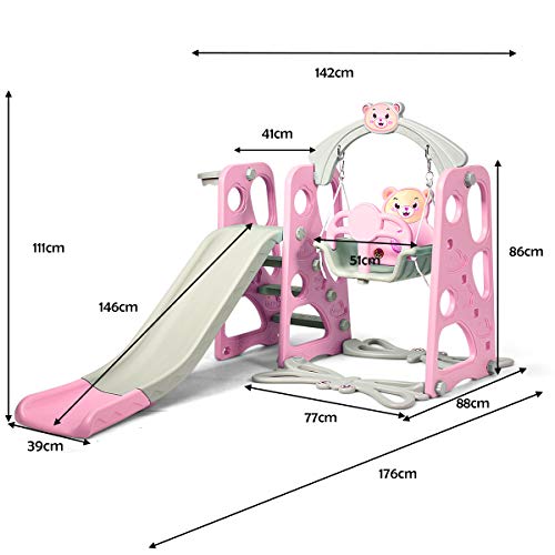 COSTWAY Parque Intantil con Tobogán,Columpio y Canasta Baloncesto Juguete para Niños para Jardín Salón Exterior Interior (Rosa)