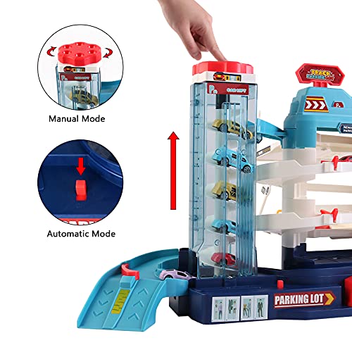 deAO Edificio de Estacionamiento con Tres Plantas y Elevador Conjunto de Juguete con Efectos de Luz y Sonidos Incluye Coches de Juguete Garaje y Aparcamiento de Ciudad Central