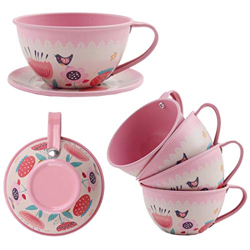 deAO Juego de Té en Maletín Portátil Conjunto Infantil de 14 Piezas Incluye Tetera, Platos y Tazas Diseño Metálico de Imitación Maleta Picnic (Rosa)