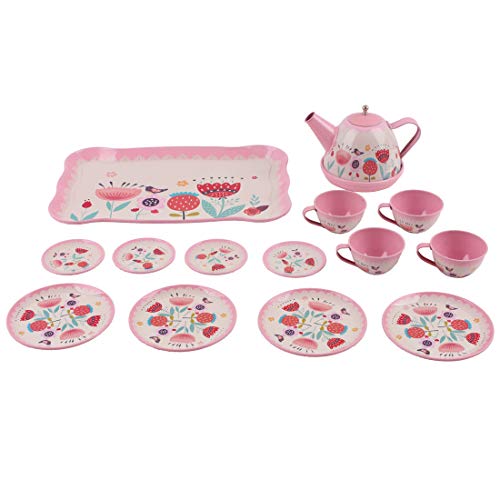 deAO Juego de Té en Maletín Portátil Conjunto Infantil de 14 Piezas Incluye Tetera, Platos y Tazas Diseño Metálico de Imitación Maleta Picnic (Rosa)