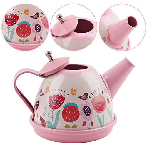 deAO Juego de Té en Maletín Portátil Conjunto Infantil de 14 Piezas Incluye Tetera, Platos y Tazas Diseño Metálico de Imitación Maleta Picnic (Rosa)