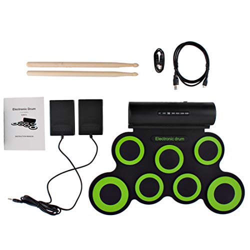 deAO Kit de Batería Electrónica con Modelo Plegable Portátil Conjunto Tapete Musical de Percusión Tambores, Platillos y Altavoces Incorporados Incluye Baquetas y Pedal