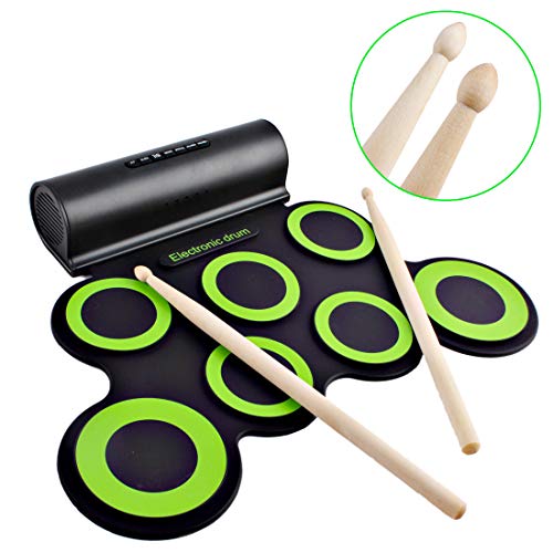 deAO Kit de Batería Electrónica con Modelo Plegable Portátil Conjunto Tapete Musical de Percusión Tambores, Platillos y Altavoces Incorporados Incluye Baquetas y Pedal