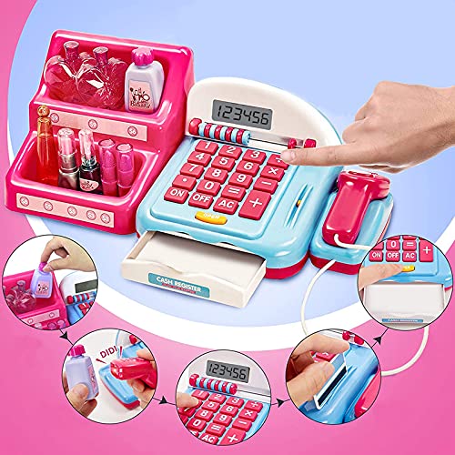 deAO Salon de Belleza Caja Registradora Electrónica de Juguete con Ábaco, Calculadora, Escáner, Lector de Tarjetas, Conjunto de Accesorios y Maquillaje de Juguete