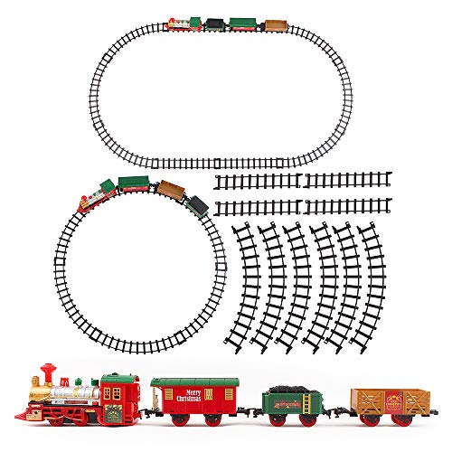 deAO Tren Clásico Infantil con Luces y Sonidos Conjunto Navideño de Vías, Locomotora y 3 Vagones Tren de Juguete Electrónico Decoración de Navidad