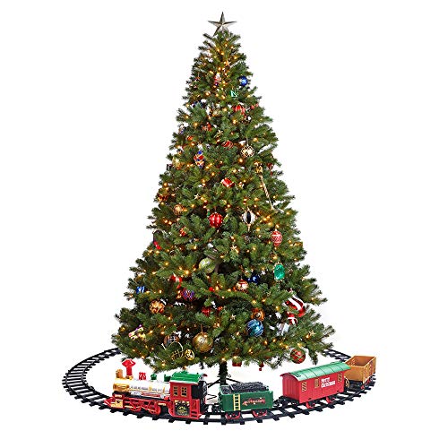 deAO Tren Clásico Infantil con Luces y Sonidos Conjunto Navideño de Vías, Locomotora y 3 Vagones Tren de Juguete Electrónico Decoración de Navidad