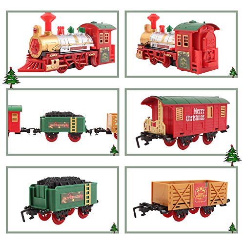 deAO Tren Clásico Infantil con Luces y Sonidos Conjunto Navideño de Vías, Locomotora y 3 Vagones Tren de Juguete Electrónico Decoración de Navidad