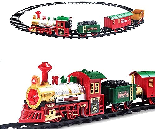 deAO Tren Clásico Infantil con Luces y Sonidos Conjunto Navideño de Vías, Locomotora y 3 Vagones Tren de Juguete Electrónico Decoración de Navidad