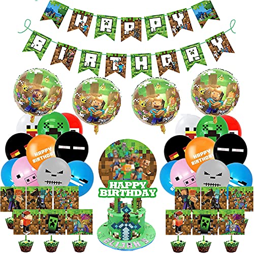 Decoración de Cumpleaños de Videojuegos de Estilo Pixel Suministros de Fiesta de Cumpleaños con Tema de Minero Globos de Látex de Píxeles Adornos para Tartas para Niños