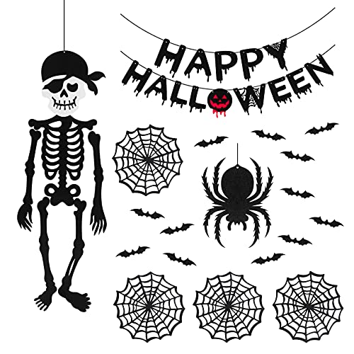 Decoración de Halloween 91 cm esqueletos piratas colgantes, 1 pancarta de fiesta, colgante de araña de 28 cm, 4 piezas de telaraña, 12 piezas de murciélagos para colgar la decoración de la pared