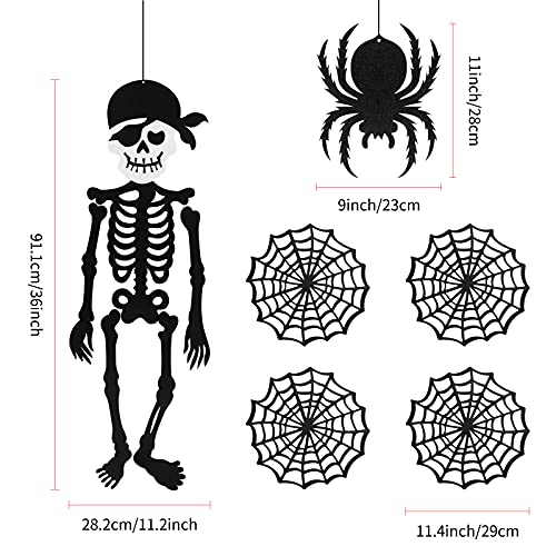 Decoración de Halloween 91 cm esqueletos piratas colgantes, 1 pancarta de fiesta, colgante de araña de 28 cm, 4 piezas de telaraña, 12 piezas de murciélagos para colgar la decoración de la pared