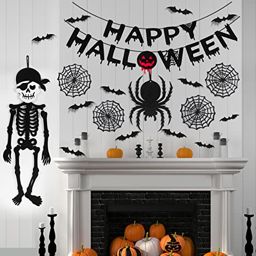 Decoración de Halloween 91 cm esqueletos piratas colgantes, 1 pancarta de fiesta, colgante de araña de 28 cm, 4 piezas de telaraña, 12 piezas de murciélagos para colgar la decoración de la pared