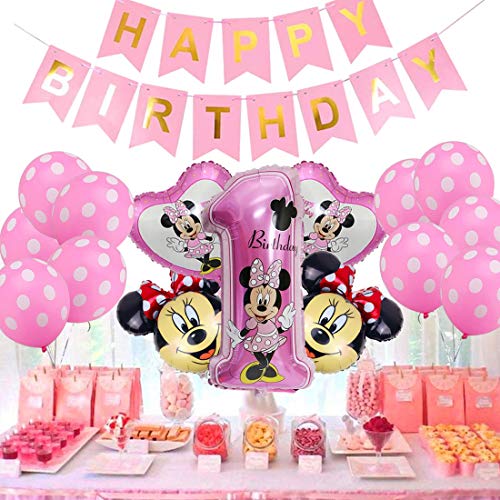 Decoraciones de cumpleaños de Minnie Mouse ZSWQ-Minnie Party Globos Bolas de Nido de Abeja de Minnie Globo de Rosado,Banner de Happy Birthday, Globos número para la Fiesta temática de Minnie Mouse