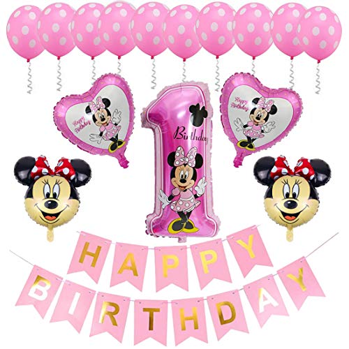 Decoraciones de cumpleaños de Minnie Mouse ZSWQ-Minnie Party Globos Bolas de Nido de Abeja de Minnie Globo de Rosado,Banner de Happy Birthday, Globos número para la Fiesta temática de Minnie Mouse