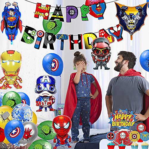 Decoraciones de Fiesta de Superhéroe Globos de Superhéroe Feliz Cumpleaños Banner Vengadores Cumpleaños Globos de Papel de Aluminio Superhero Cake Topper