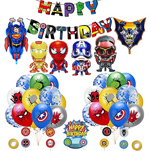 Decoraciones de Fiesta de Superhéroe Globos de Superhéroe Feliz Cumpleaños Banner Vengadores Cumpleaños Globos de Papel de Aluminio Superhero Cake Topper