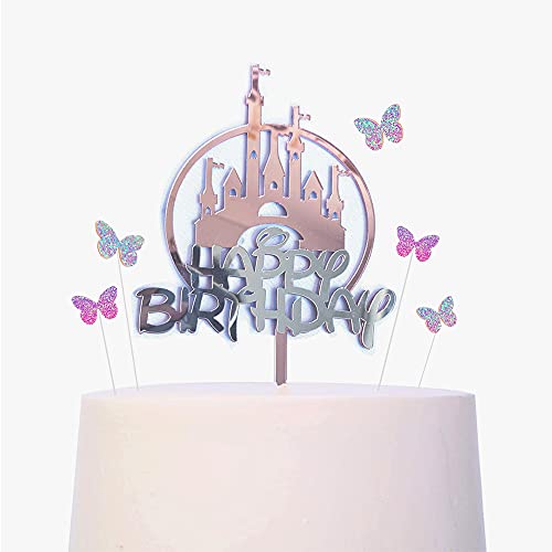 Decoraciones de pastel de castillo de oro rosa para cumpleaños, decoración de tartas de cumpleaños para niñas y niños