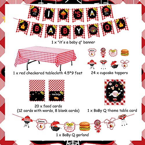 Decoraciones para fiestas temáticas de barbacoa para niñas y niños Es un cartel de Baby Q, tarjetas de tienda de comida, mantel, guirnalda de barbacoa, letrero de barra Baby Q, decoración para tartas