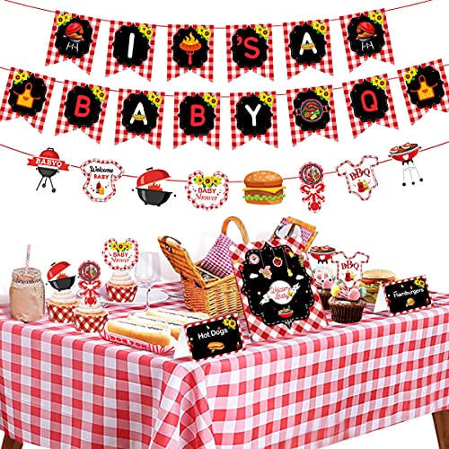 Decoraciones para fiestas temáticas de barbacoa para niñas y niños Es un cartel de Baby Q, tarjetas de tienda de comida, mantel, guirnalda de barbacoa, letrero de barra Baby Q, decoración para tartas