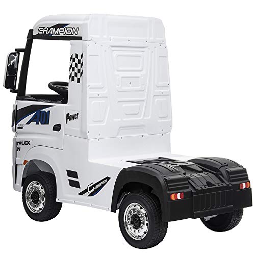 Devessport - Camión eléctrico para niños con Mando de Control Remoto - Mercedes Actros - Camión teledirigido con batería - Ideal para niños de 3 a 8 años (máximo 30 Kg) - 126x68x102 cm (Blanco)