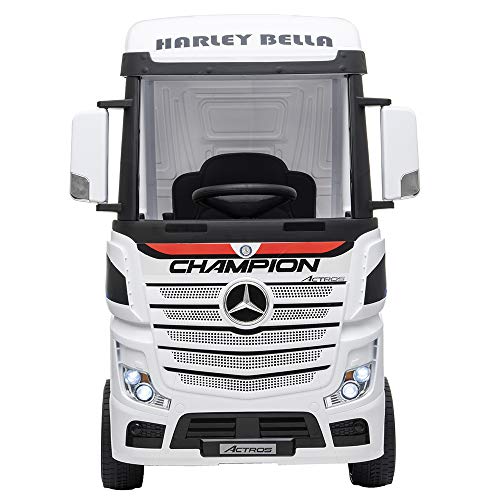 Devessport - Camión eléctrico para niños con Mando de Control Remoto - Mercedes Actros - Camión teledirigido con batería - Ideal para niños de 3 a 8 años (máximo 30 Kg) - 126x68x102 cm (Blanco)