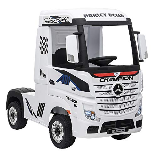 Devessport - Camión eléctrico para niños con Mando de Control Remoto - Mercedes Actros - Camión teledirigido con batería - Ideal para niños de 3 a 8 años (máximo 30 Kg) - 126x68x102 cm (Blanco)