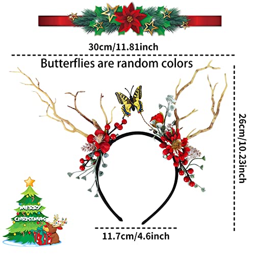 Diadema de Navidad Diadema de Renos de Navidad con Conos de Pino Artificiales Baya Roja Diadema de Flores Aros Alce Ciervo Cuernos de Animales Sombreros Cabello Accesorios para Mujeres Niñas Fiesta