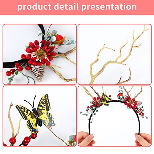 Diadema de Navidad Diadema de Renos de Navidad con Conos de Pino Artificiales Baya Roja Diadema de Flores Aros Alce Ciervo Cuernos de Animales Sombreros Cabello Accesorios para Mujeres Niñas Fiesta