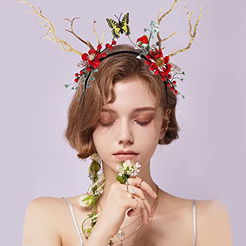 Diadema de Navidad Diadema de Renos de Navidad con Conos de Pino Artificiales Baya Roja Diadema de Flores Aros Alce Ciervo Cuernos de Animales Sombreros Cabello Accesorios para Mujeres Niñas Fiesta