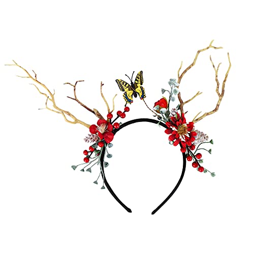 Diadema de Navidad Diadema de Renos de Navidad con Conos de Pino Artificiales Baya Roja Diadema de Flores Aros Alce Ciervo Cuernos de Animales Sombreros Cabello Accesorios para Mujeres Niñas Fiesta