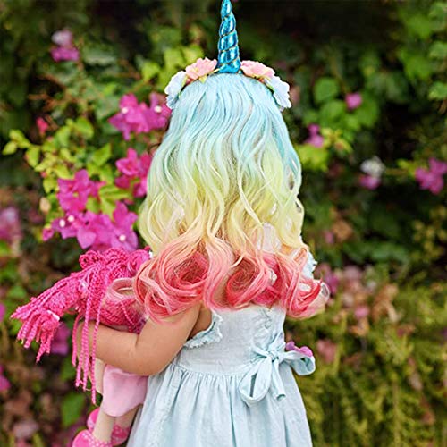 Diadema de Unicornio con Pelo Diadema de Unicornio Diadema Decorativa con Flores Unicornio Peluca para Fiesta Artículos de Cumpleaños Cosplay Carnaval Halloween Carnaval Unicornio Regalo Accesorios