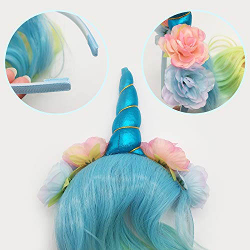 Diadema de Unicornio con Pelo Diadema de Unicornio Diadema Decorativa con Flores Unicornio Peluca para Fiesta Artículos de Cumpleaños Cosplay Carnaval Halloween Carnaval Unicornio Regalo Accesorios