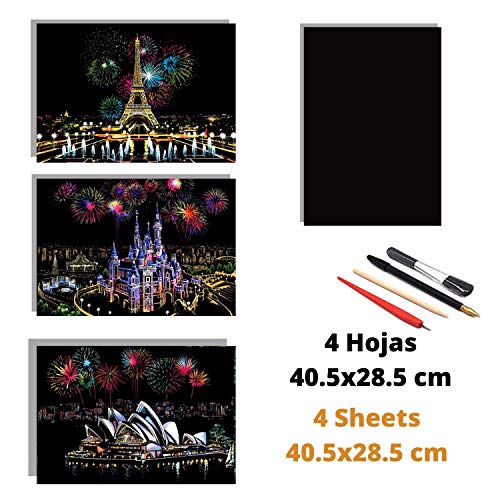 Dibujos para rascar.Castillo Disney Sydney Paris . Láminas con fondo colorido para rascar. Scratch Painting. Manualidad para rascar Serie ciudades.Hojas de rascar. Sets de 3 hojas de 40.5*28.5cm