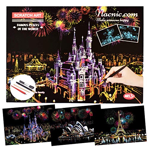 Dibujos para rascar.Castillo Disney Sydney Paris . Láminas con fondo colorido para rascar. Scratch Painting. Manualidad para rascar Serie ciudades.Hojas de rascar. Sets de 3 hojas de 40.5*28.5cm