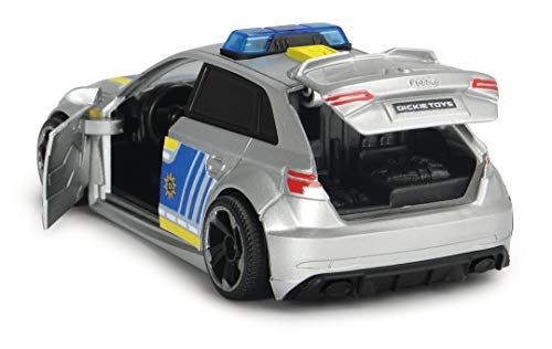 Dickie Toys Audi RS3 203713011 - Coche de policía con fricción, con Accesorios y Bloqueo de Carretera, luz y Sonido, Incluye Pilas, Escala 1:32, 15 cm, a Partir de 3 años, Color Plateado y Azul