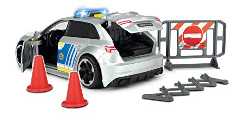 Dickie Toys Audi RS3 203713011 - Coche de policía con fricción, con Accesorios y Bloqueo de Carretera, luz y Sonido, Incluye Pilas, Escala 1:32, 15 cm, a Partir de 3 años, Color Plateado y Azul