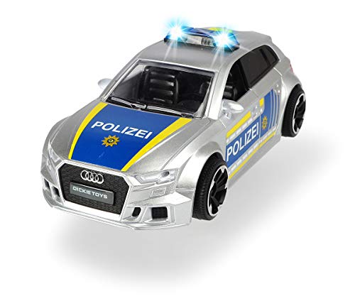 Dickie Toys Audi RS3 203713011 - Coche de policía con fricción, con Accesorios y Bloqueo de Carretera, luz y Sonido, Incluye Pilas, Escala 1:32, 15 cm, a Partir de 3 años, Color Plateado y Azul