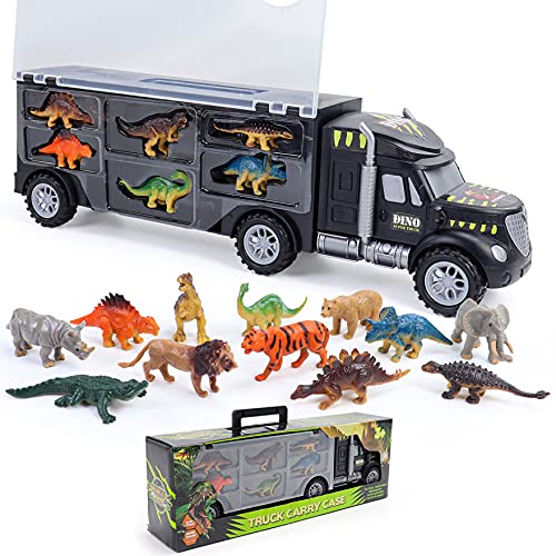 Dilbarmi-Camión Grande Juguete de Transporte Transportador de Animales Coches con 12 Figuras Juego de Dinosaurios Educativo Juguete para Niños de 3 años