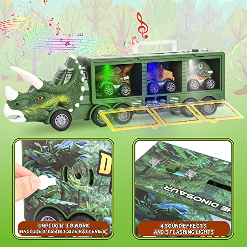 DINORUN Camión Transportador de Dinosaurios Juguetes Coches de Juguetes con Luz y Sonido para Niños y Niñas