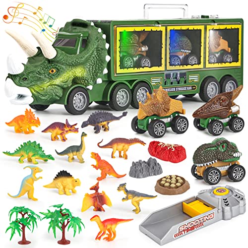 DINORUN Camión Transportador de Dinosaurios Juguetes Coches de Juguetes con Luz y Sonido para Niños y Niñas