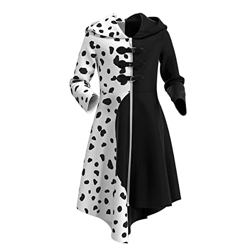 Disfraz de Cruella Deville para Niñas 101 Dálmatas Cruela Vestido Cosplay Fiesta Cumpleaños Navidad Costume de Halloween Vestido Abrigo con Guantes Peluca Soporte para Cigarrillos 4pcs 11-12 años