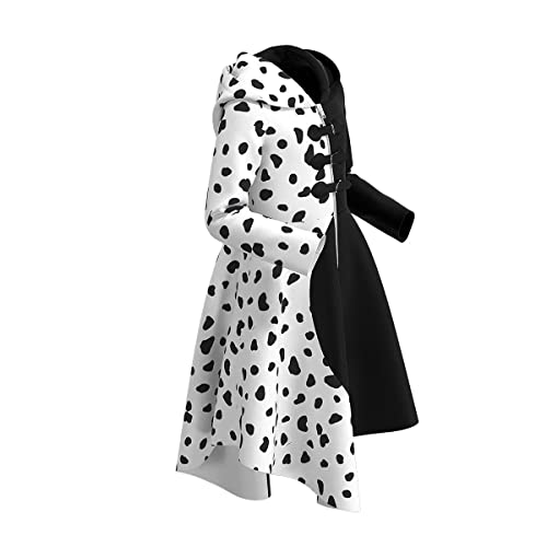 Disfraz de Cruella Deville para Niñas 101 Dálmatas Cruela Vestido Cosplay Fiesta Cumpleaños Navidad Costume de Halloween Vestido Abrigo con Guantes Peluca Soporte para Cigarrillos 4pcs 11-12 años