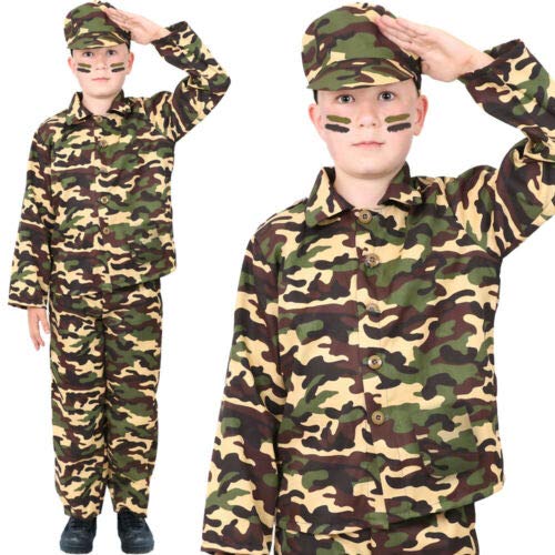 Disfraz de ejército para niños con pistola de juguete y cinturón de balas, disfraz de soldado de combate, uniforme militar para niños para la caja de disfraces y fiestas de disfraces (Grande)