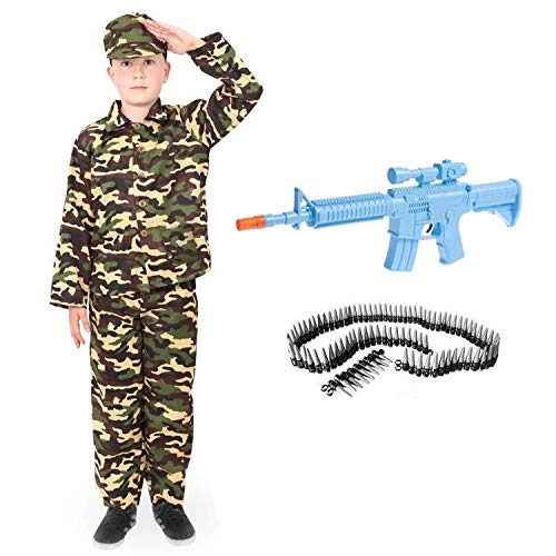 Disfraz de ejército para niños con pistola de juguete y cinturón de balas, disfraz de soldado de combate, uniforme militar para niños para la caja de disfraces y fiestas de disfraces (Grande)