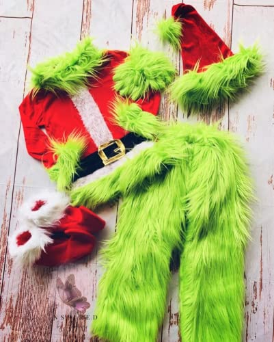 Disfraz de Navidad divertido disfraz de adulto para niños, incluye máscara de monstruo verde para hombres, Navidad Grinch Cosplay traje de Santa, 2, 100 cm