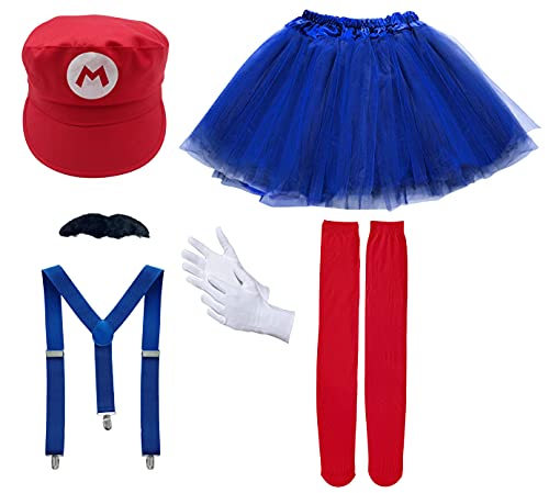 Disfraz de Super Mario Luigi, Gorra de fontanero Barba Negro Tirante Falda Calcetines, Traje Conjunto Classic para Mujer Carnaval y Cosplay, Color Rojo Azul