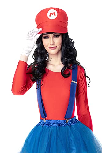 Disfraz de Super Mario Luigi, Gorra de fontanero Barba Negro Tirante Falda Calcetines, Traje Conjunto Classic para Mujer Carnaval y Cosplay, Color Rojo Azul