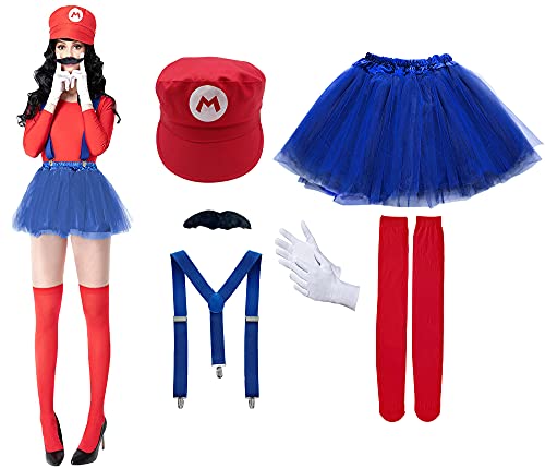 Disfraz de Super Mario Luigi, Gorra de fontanero Barba Negro Tirante Falda Calcetines, Traje Conjunto Classic para Mujer Carnaval y Cosplay, Color Rojo Azul